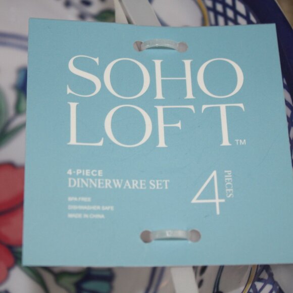 Soho Loft Melamine Bowl Set of 4 Blue White Coral Pink Flower Floral Cereal NWT - Picture 4 of 7